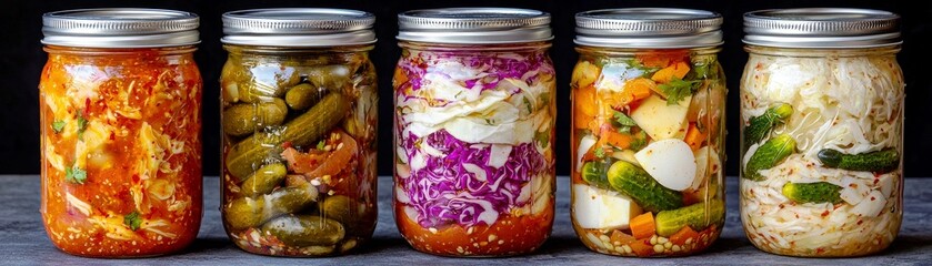 Colorful Collection of Homemade Fermented Vegetables in Glass Jars Showcasing Health Benefits of Probiotics and Flavorful Preservation Techniques for Culinary Enthusiasts