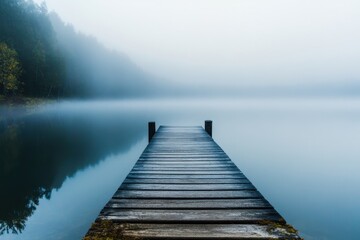 Fototapeta premium A wooden dock extends into a misty lake.