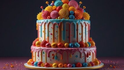 Get lost in a world of sweetness and color with this larger-than-life cake, adorned with an abundance of flowers, candies, and lollipops. Let the generative AI bring this fantastical creation to life,
