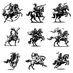 Medieval warrior on horseback detailed vector silhouette