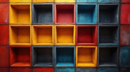 Colorful cubical shelves arranged in a grid pattern.