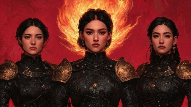 Epic warrior sisters embracing fire magic enchanted realm fantasy art dramatic atmosphere heroic perspective power and unity