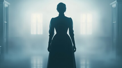 Fototapeta premium Mysterious silhouette of a victorian woman dimly lit room artistic photography ethereal atmosphere back view concept of mystery and elegance