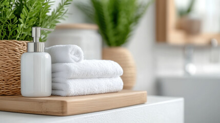 Fresh towels and sleek soap dispenser are arranged on wooden tray, surrounded by lush greenery in minimalist bathroom setting, creating serene and inviting atmosphere
