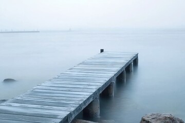 Fototapeta premium A wooden pier extends into a foggy lake.