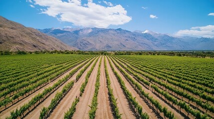 Wine grape cultivation in Argentina, vineyard with organized grape rows, global wine exporter.