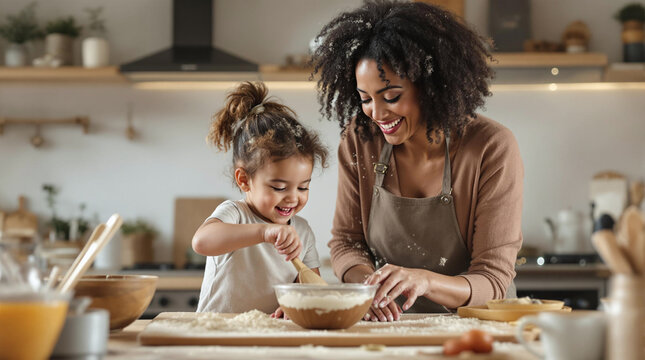 Mother and child baking together in modern kitchen, warm family moment, cozy and joyful, stock photo