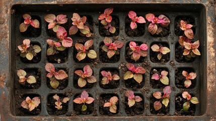 Freshly Sprouted Colorful Seedlings in a Tray Surrounded by Earthy Soil, Capturing the Beauty of New Growth in a Garden Environment