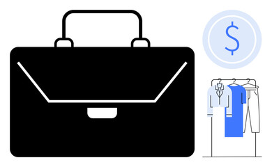 Black briefcase, dollar symbol, and clothing rack with business attire. Ideal for business themes, shopping, finance, professionalism, workplace attire economic concepts career growth. Line