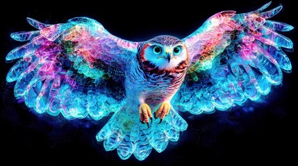 Fototapeta premium Colorful and Mystical Owl in Flight with Vibrant Digital Effects Representing Nature and Wildlife in a Brightly Lit Night Sky
