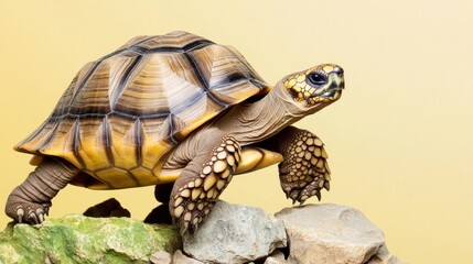 Fototapeta premium A tortoise climbing over rocks against a light background.