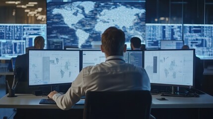 direct sales advisors in Europe creating customer-focused plans, digital displays in background, professional setup.