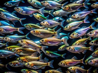 A Captivating School of Iridescent Fish in the Dark Depths of the Ocean, Showcasing Their Metallic Scales and Vibrant Colors Against a Mysterious Pitch-Black Sea Background