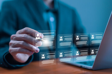 HR, human resource manager. concept of recruiting customers. Company service has network links worldwide, recruitment process, managing people, and hiring. human manager online digital technology