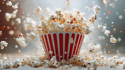 Popcorn is jumping out of red and white striped cup, creating fun and lively scene. explosion of popcorn captures excitement of movie time and snack enjoyment