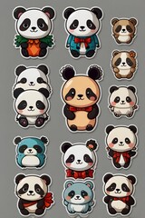 Obraz premium Adorable Panda Stickers: A Collection of Cute and Playful Cartoon Pandas in Various Poses and Outfits