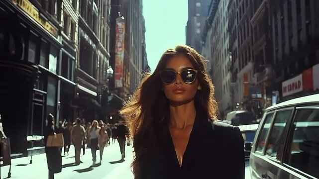 an model wearing a fashion outfit runway, walking on a New York street. 