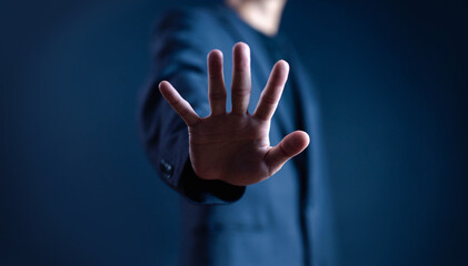 person's hand showing palm gestures stop, concept violence, warning, refuse, defense, caution. the...