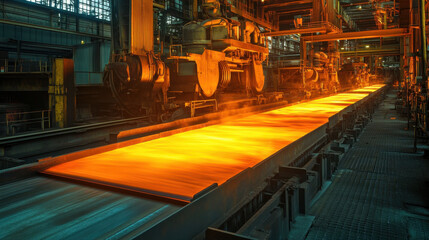 Fototapeta premium vibrant industrial scene showcasing molten metal flowing through steel mill, highlighting intense heat and energy of manufacturing process