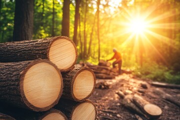 Sunset in the Forest with Stacked Logs