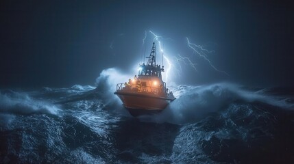 Rescue Boat Navigating Stormy Seas with Lightning