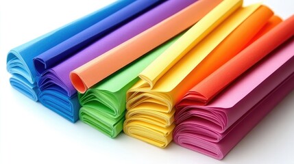Fototapeta premium Vibrant Rolls of Colorful Craft Paper Stacked Neatly for Creative Projects in Various Shades Including Blue, Green, Yellow, Orange, and Pink Ideal for Arts and Crafts