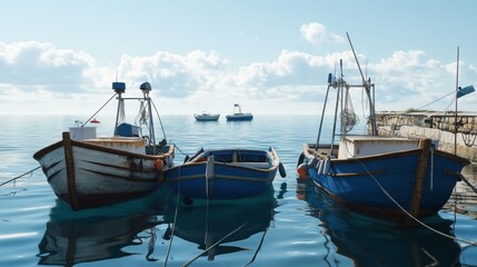 Fototapeta premium Three boats are docked in the water, with one of them being blue
