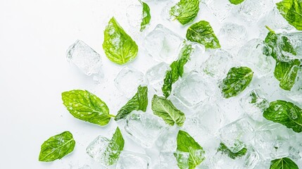 23.An arrangement of vibrant green peppermint leaves nestled amongst clear, sparkling ice cubes, isolated against a clean white backdrop. The bright, refreshing green of the mint leaves adds a