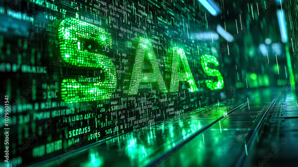 Poster digital matrix code depicting saas concept in technology visualization