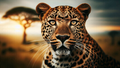 Close-up of a leopard staring intently, set against an African savanna at sunset, capturing the wild beauty of big cats