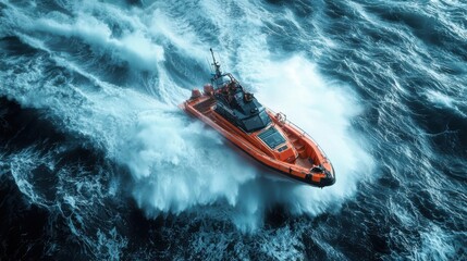 Fototapeta premium Vibrant Rescue Boat Navigating Rough Waters