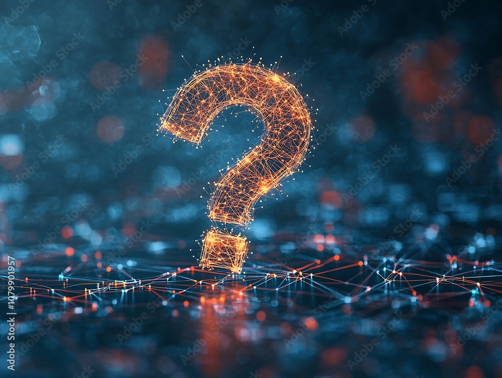 Poster interconnected nodes and lines forming a question mark representing the complexity of market analysi