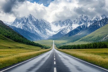 Naklejka premium Asphalt road leading towards a majestic mountain range.
