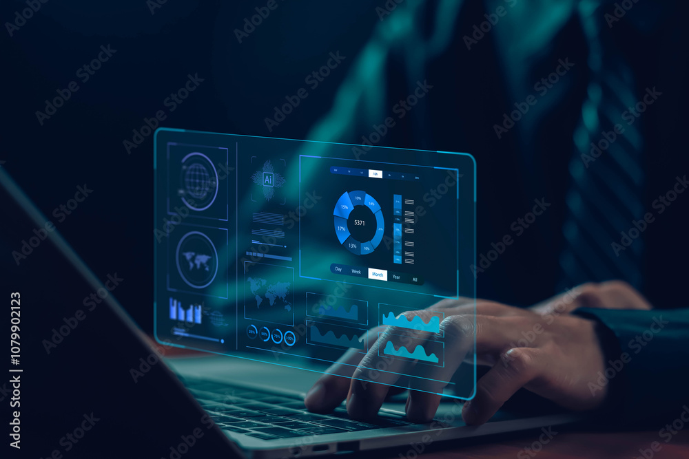 Aufkleber analyst manages the system database reports analyzes data plans and shows a dashboard chart on the computer. concept of research on platform digital technology, analytics business