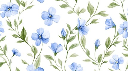 76.A delicate floral seamless pattern featuring hand-drawn small blue wildflowers intertwined with soft green leaves. The intricate botanical design is set against a crisp white background, creating