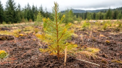 Young Pine Sapling Growing in Forest Restoration Area Surrounded by Freshly Planted Trees and Lush Greenery in a Resilient Ecosystem