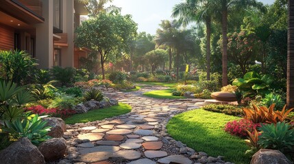 Obraz premium Lush garden pathway surrounded by vibrant plants and trees.