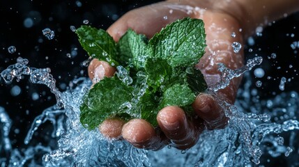 3.A dramatic capture of a hand gripping fresh mint leaves as water splashes in all directions. The bright green mint contrasts against the transparent water, while the splashes add energy and