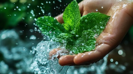 Fototapeta premium 1.A dynamic image of a hand holding fresh green mint leaves as a burst of water splashes around them. The droplets glisten in the air, capturing the movement and freshness of the moment. The vivid