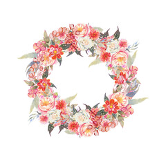 Watercolor flower wreath in autumn style. Hand-painted wedding card in soft beige and terracotta colors. Invitation and greeting frame with dahlias and hydrogenia.