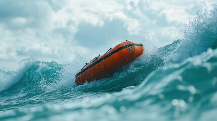 Fototapeta premium Orange Lifeboat Amidst Turbulent Ocean Waves