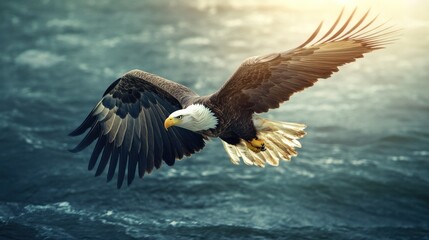 Obraz premium Majestic Bald Eagle Soaring Above a Turbulent Sea