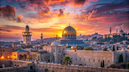 Fototapeta premium Breathtaking Pink Sunrise Over Jerusalem's Old City Showcasing Temple Mount, Dome of the Rock, Al Aqsa Mosque, Eastern Wall, and Golden Mercy Gate