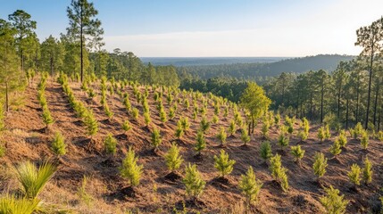 Lush Green Hillside with Young Pine Trees Under Clear Blue Sky Surrounded by Rolling Mountains and Sunlight in a Peaceful Woodland Landscape