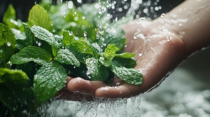 2.A close-up of a hand gently holding a bunch of vibrant green mint leaves, with water splashing upward around the hand. The mint leaves glisten with moisture, and the water droplets suspended
