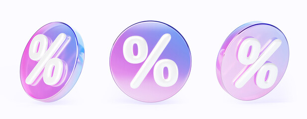 3d set of glass holographic circle sale tag or label with percent sign. Rainbow round shopping discount badge with percentage render icon. Crystal bonus, price or offer with gradient. 3D illustration