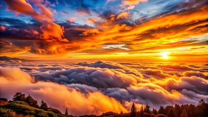 Fototapeta premium Breathtaking Sunset Above the Clouds: A Stunning Display of Orange Cumulus Clouds and Twilight Sky Gradients at Dusk, Perfect for Capturing Nature's Beauty in Landscape Photography