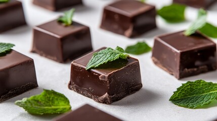 30.A close-up of individually wrapped chocolate candies on a white surface, each topped with fresh mint leaves. The rich texture of the chocolates and the crisp green of the mint create a luxurious