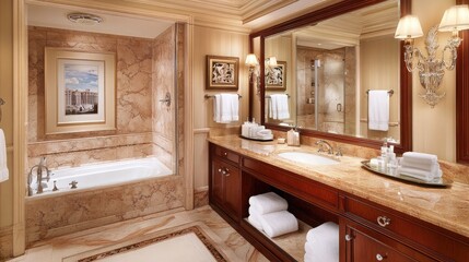 Luxurious Hotel Bathroom Design Featuring Marble Surfaces, Elegant Fixtures, Bathtub, Sink Area, Soft Towels and Stylish Lighting in a Relaxing Environment