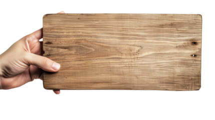 Human hand holding blank demonstration wooden sign on white transparent background
